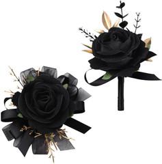 Rose Wrist Corsage and Boutonniere Set for Weddings and Events (Black)