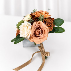 Burnt Orange Mauve Silk Rose Bridal Bouquet Boutonniere Wedding Set Decor