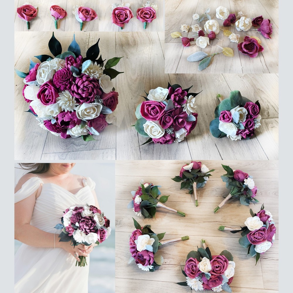 Fuchsia Bridal Bouquet Sola Wood Flower Dark Pink Ivory White Bridesmaid Corsage