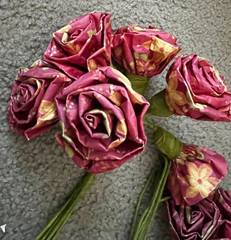 ❤️ HANDMADE MILLINERY • YELLOW/RED PAPER ROSES BOUQUET • 5 BUNDLES • 6 STEMS EA