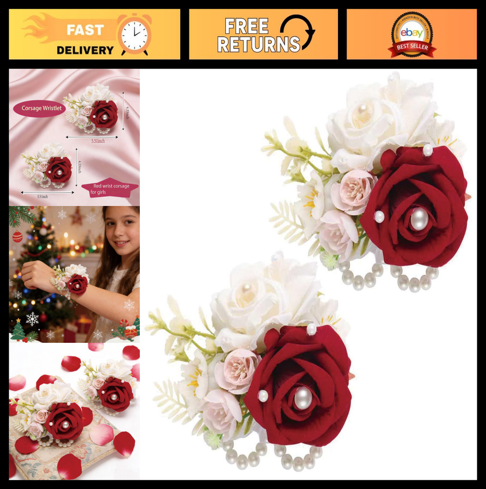 Elegant Dark Red Artificial Rose Wrist Corsage & Boutonniere Set for Weddings, P