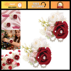 Elegant Dark Red Artificial Rose Wrist Corsage & Boutonniere Set for Weddings, P