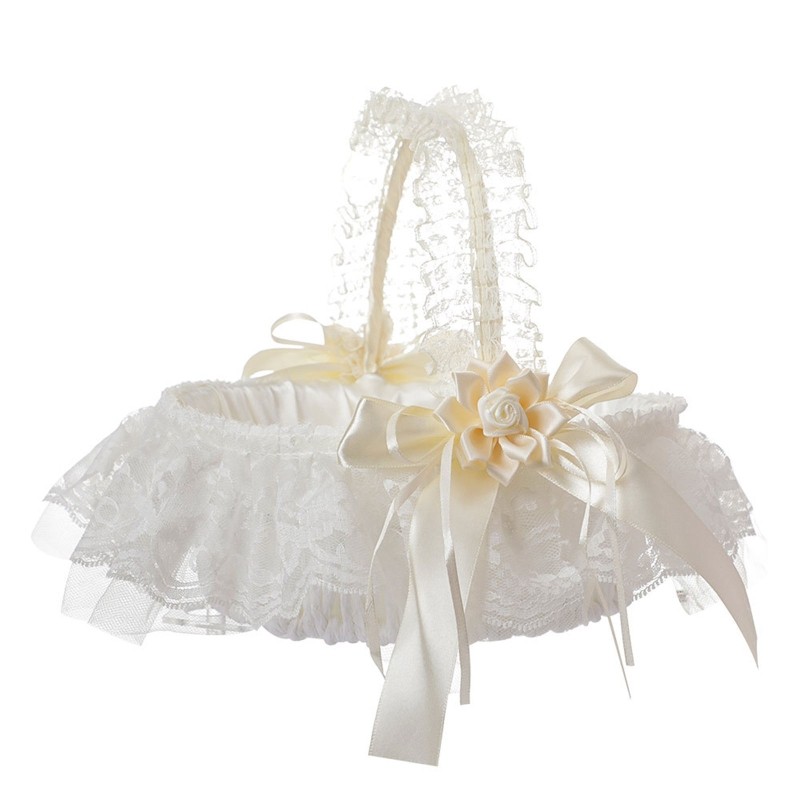 Flower Girl Basket White Lace Flower Basket Bow Tassel Decoration for Wedding