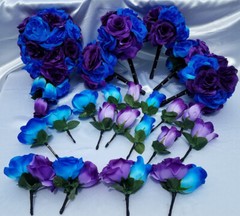 22 PC Wedding Bouquet Package, Purple & Blue & Black, Cascading Wedding Bouquet