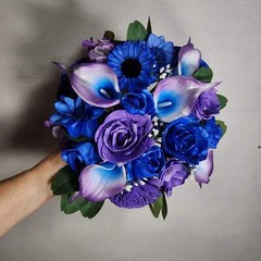 Purple Royal Blue Rose Call Lily Sola Wood Bridal Wedding Bouquet Accessories