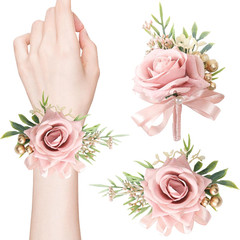 2 Pcs Pink Rose Corsage and Boutonniere Set for Wedding, Artificial Flower Prom