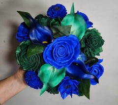 Royal Blue Hunter Green Rose Calla Lily Sola Bridal Wedding Bouquet Accessories