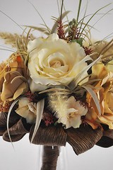 Unique and Gorgeous Wedding Bouquet Silk Flowers, Foliage and Brown Ribbon