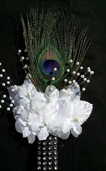 Peacock Feather Wedding BOUTONNIERE, White flower, CORSAGE,PROM,Quinceañera,Gift