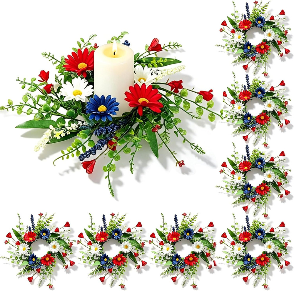 8 PCS Patriotic American Candle Rings Wreaths Artificial 4Th of July Floral Cand