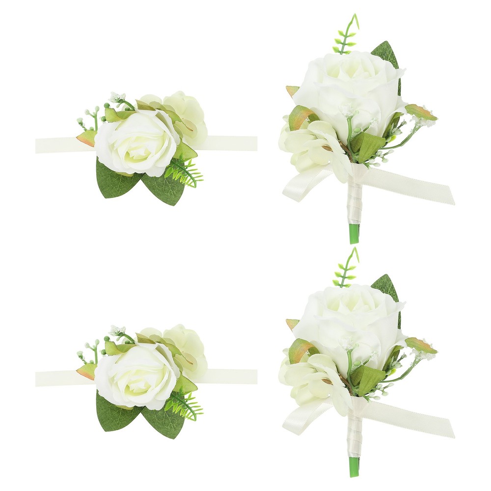 4 Pcs Artificial Rose Wrist Corsage and Boutonnieres Set Wedding White