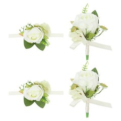 4 Pcs Artificial Rose Wrist Corsage and Boutonnieres Set Wedding White