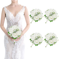 Dusty Blue & Ivory Rose Bridesmaid Bouquets Set of 4 for Weddings
