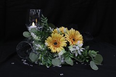 Gold/yellow gerbera daisy & white freesia floral bouquet w/ boutonniere