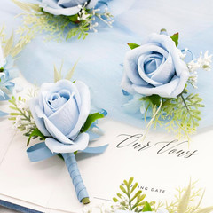 Light Blue Corsage and Boutonniere Set for Wedding Prom, Artificial Rose Babysbr