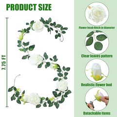 15.5Ft Artificial Rose Vine Fake Flower Garland Floral Garland Faux 2Pcs White