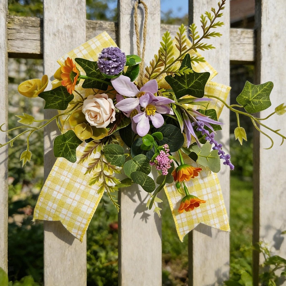 Floral Wreath Artificial Garland Ribbon Bows Spring Summer Party Decor Door Swag