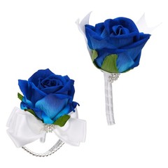 2Pcs Wrist Corsage Boutonnieres Set with White Ribbon, Blue