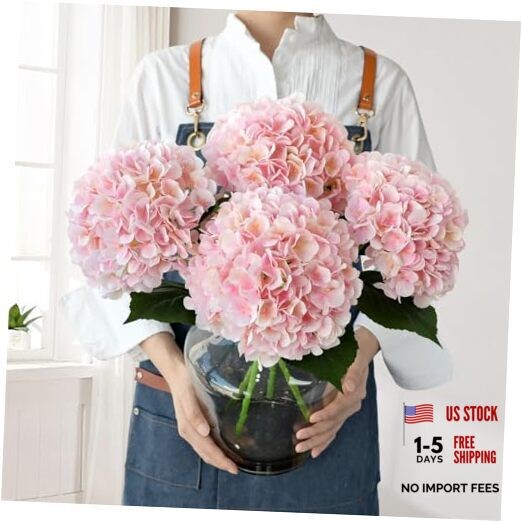 Pink Flowers Silk Artificial Hydrangeas, 4Pcs 22″ Lifelike Large Light Pink