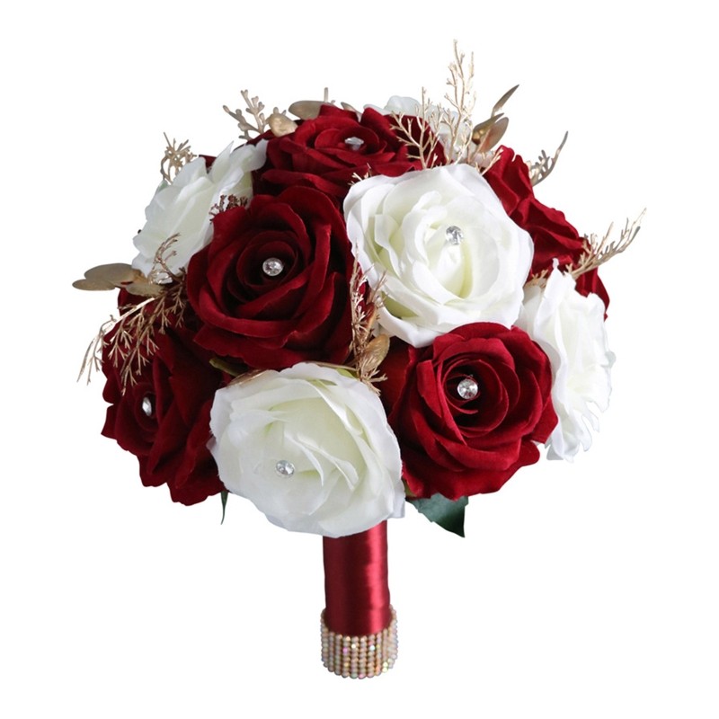 Wedding Romantic Flower Bouquet Artificial White and Wine Red Rose Flowers Props