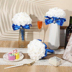 Royal Blue Wedding Bouquet Set – 6 Pack with Diamonds & Ribbons for Bride & Brid