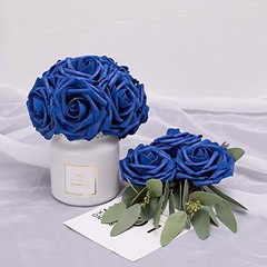 Artificial Flowers 25pcs Real Looking Foam Fake Roses with 25Pcs Royal Blue