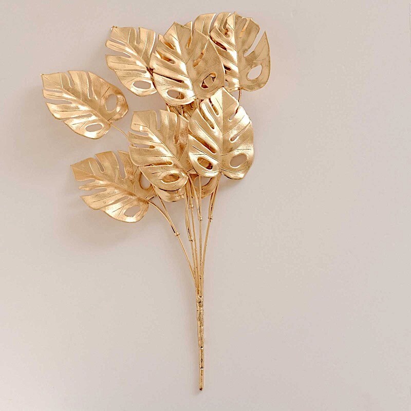 4 Gold Metallic Artificial Monstera Leaves Bushes Party Decorations