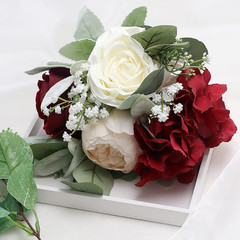 Burgundy & White Silk Rose Bridesmaid Bouquets Set of 8 for Weddings