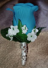 NEW 4″ Long Artificial Turquoise Single Rose Boutonniere With Rhinestone Wrap