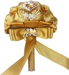Handmade Satin Rose Wedding Bouquet with Gold Crystals – Perfect for Brides