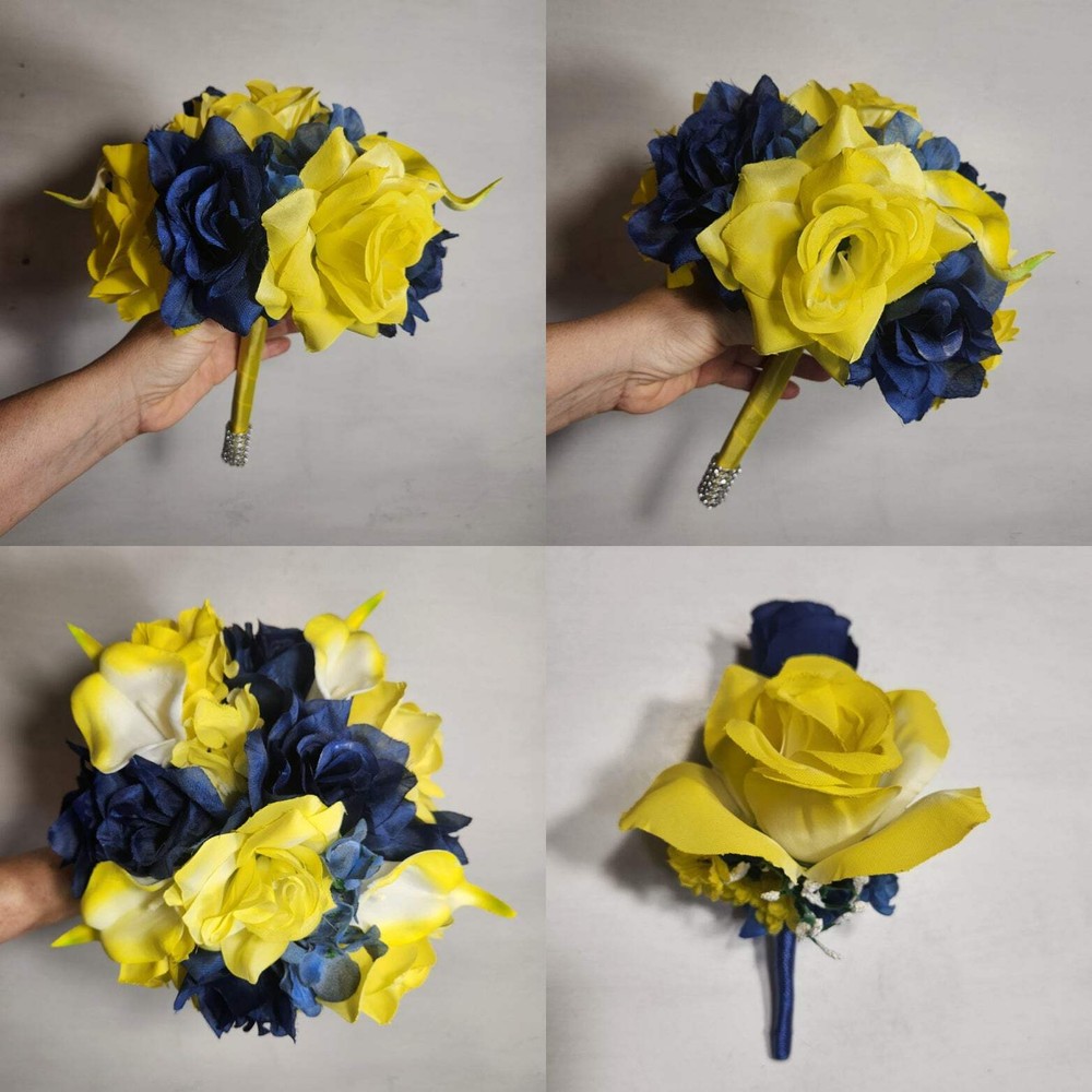 Yellow Navy Blue Rose Calla Lily Bridal Wedding Bouquet Accessories