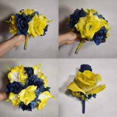 Yellow Navy Blue Rose Calla Lily Bridal Wedding Bouquet Accessories