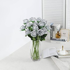Artificial Silk Rose Flower Bouquet Lifelike Fake Rose for Wedding Home Silver