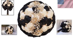 Elegant Golden Rhinestone Wedding Bouquet with Ivory Satin Roses & Crystals