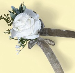 5 Artificial White Rose Boutonnières Wrapped With Twine Accent, Never Used