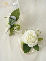 Wrist Corsage and Boutonniere Set2pcs, Ivory White Artificial Silk Rose Pearl…