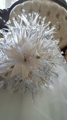 Luxury Wedding Cascade, White & Silver,Glass Crystals,Porcelain Roses,Satin-Beau