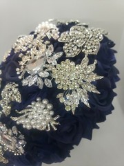 11” Rhinestone Brooch Bridal Bouquet Navy Blue Wedding Rose with Jewel Décor
