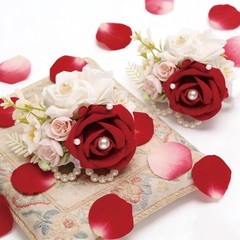 Elegant Dark Red Artificial Rose Wrist Corsage & Boutonniere Set for Weddings, P