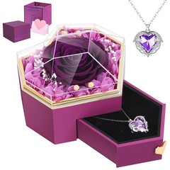 Preserved Real Rose with Necklace Forever Flowers Diamond shaped Box Purple