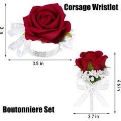 Red Artificial Rose Wrist Corsage and Boutonniere Set for Prom Wedding Party