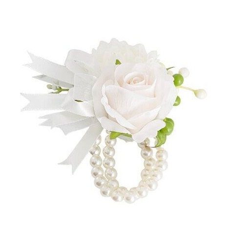 ARTIFICIAL CORSAGE Flower Rose Chrysanthemum Pearl Stretch Bracelet Wedding