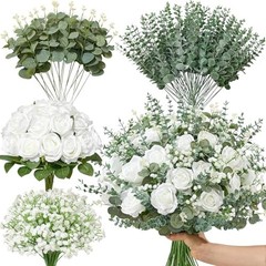 120 Mixed Eucalyptus Greenery Stems, White Silk Roses, Baby Breath