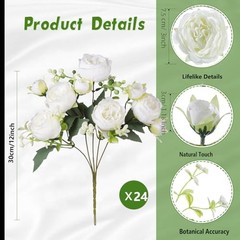 White Artificial Flowers Bouquet – 24 Bundles – Lifelike Silk Peonies