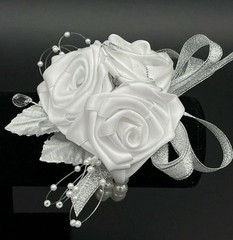 Handmade Bridal Satin Rose Wrist Corsage, Silver Anniversary Corsage 5″