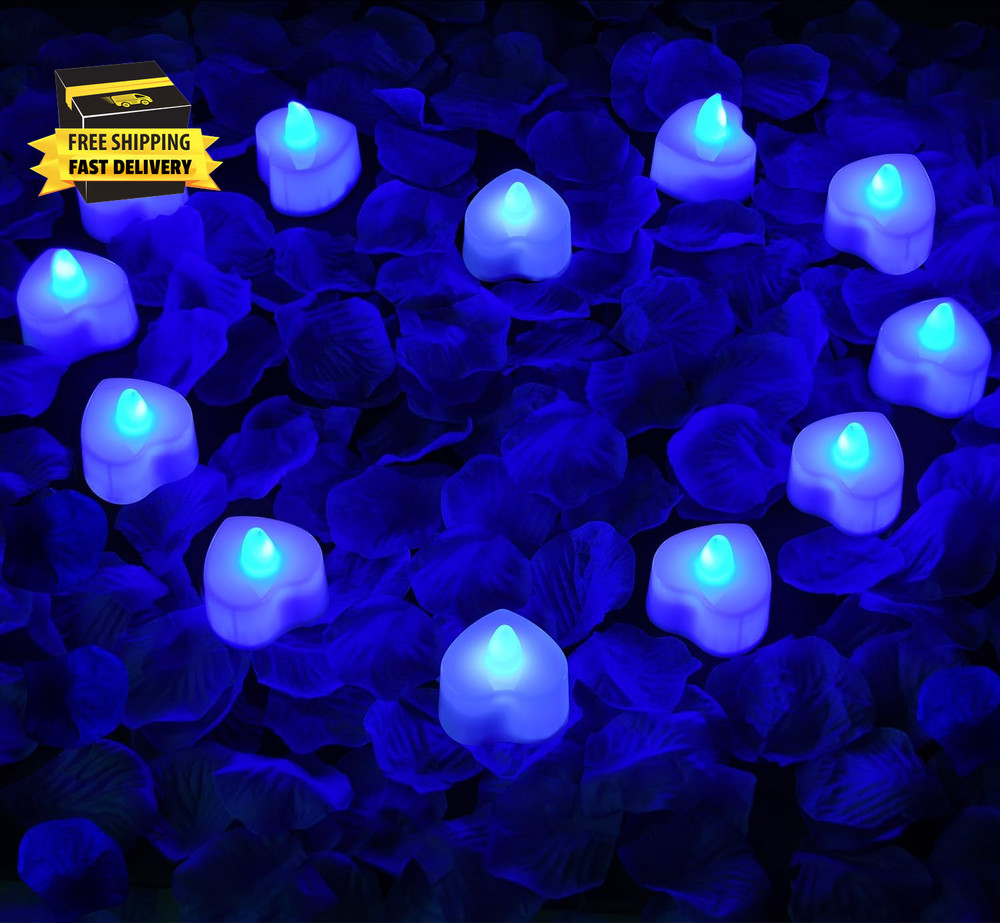 1000Pcs Blue Artificial Rose Petals with 12Pcs Blue LED Tea Lights Kit, for Déco