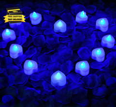 1000Pcs Blue Artificial Rose Petals with 12Pcs Blue LED Tea Lights Kit, for Déco