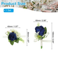 2 Pcs Artificial Rose Wrist Corsage and Boutonnieres Set Wedding Dark Blue