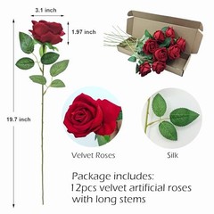 12 Pcs Velvet Rose Artificial Flowers with Long Stems, Real Touch Fake Roses