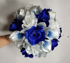 Royal Blue Silver White Rose Calla Lily Bridal Wedding Bouquet Accessories